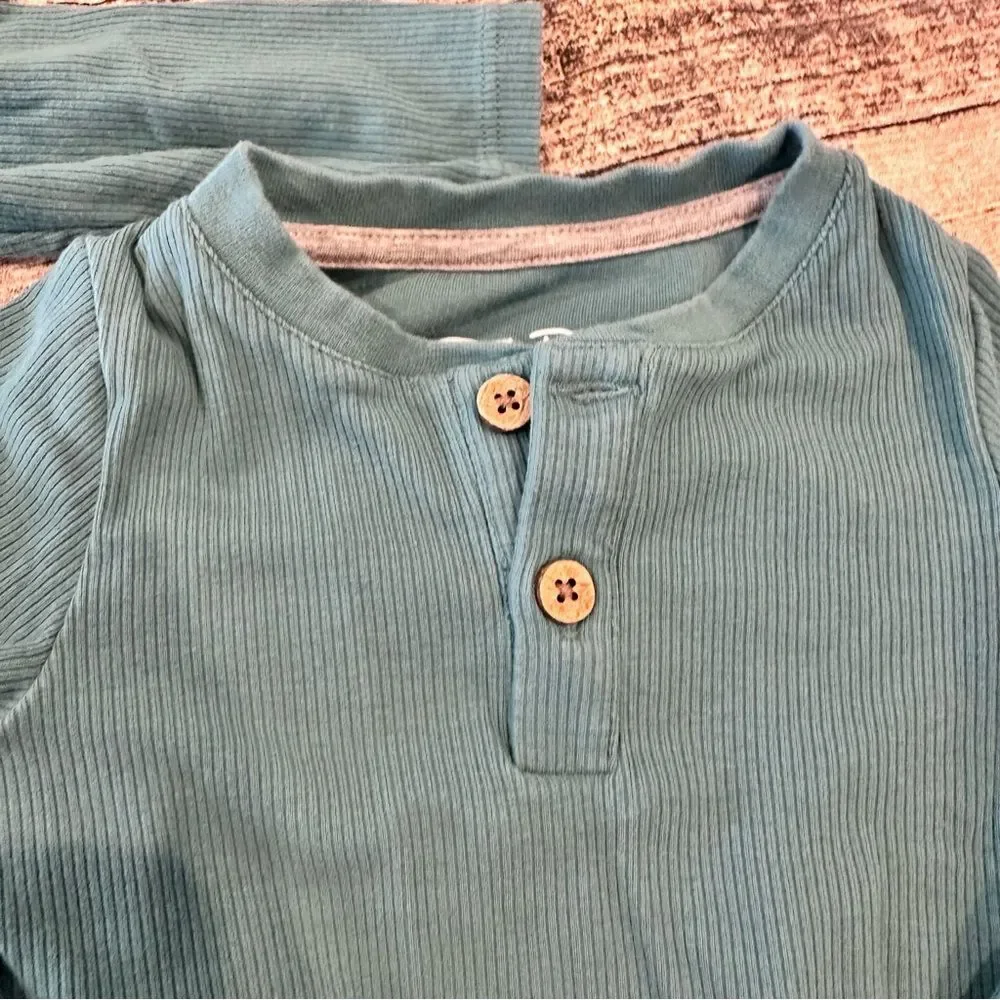 Lot of 2 Ruffle Butts/Rugged Butts Teal Ribbed Onesies; 1 Henley, 1 Ruffled 6-12